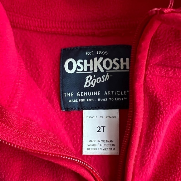 OshKosh B’Gosh Boys 2T Quarter-Zip Red and Grey Fleece Sweatshirt - Picture 2 of 4